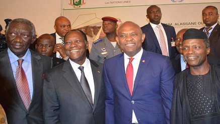 1: L-R:  Former president of Ghana John Kufuor; President of Cote D'Ivoire Alassane Ouattara, Co-Chair of the Africa Energy Leaders Group (AELG); Tony O. Elumelu, Chairman of Heirs Holdings and Co-Chair of the AELG; Vice President of Nigeria Yemi Osinbajo during the inaugural meeting of the AELG held in Abidjan yesterday to discuss regional solutions to the electricity deficit in Africa